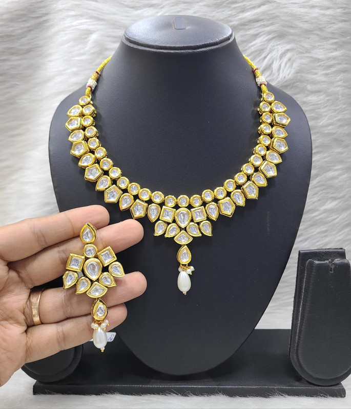 Magnifique Stylish K22 White Dabbi Kundan With Back Meena Necklace Earring Jewellery Set