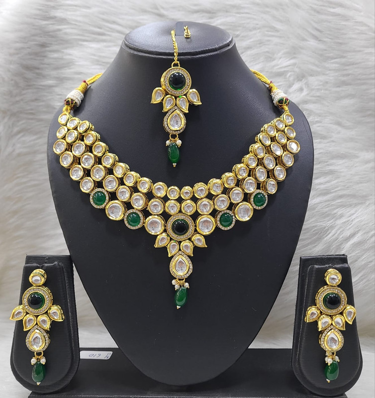 Desi Stylish K23 Green Dabbi Kundan With Back Meena Necklace Earring Jewellery Set