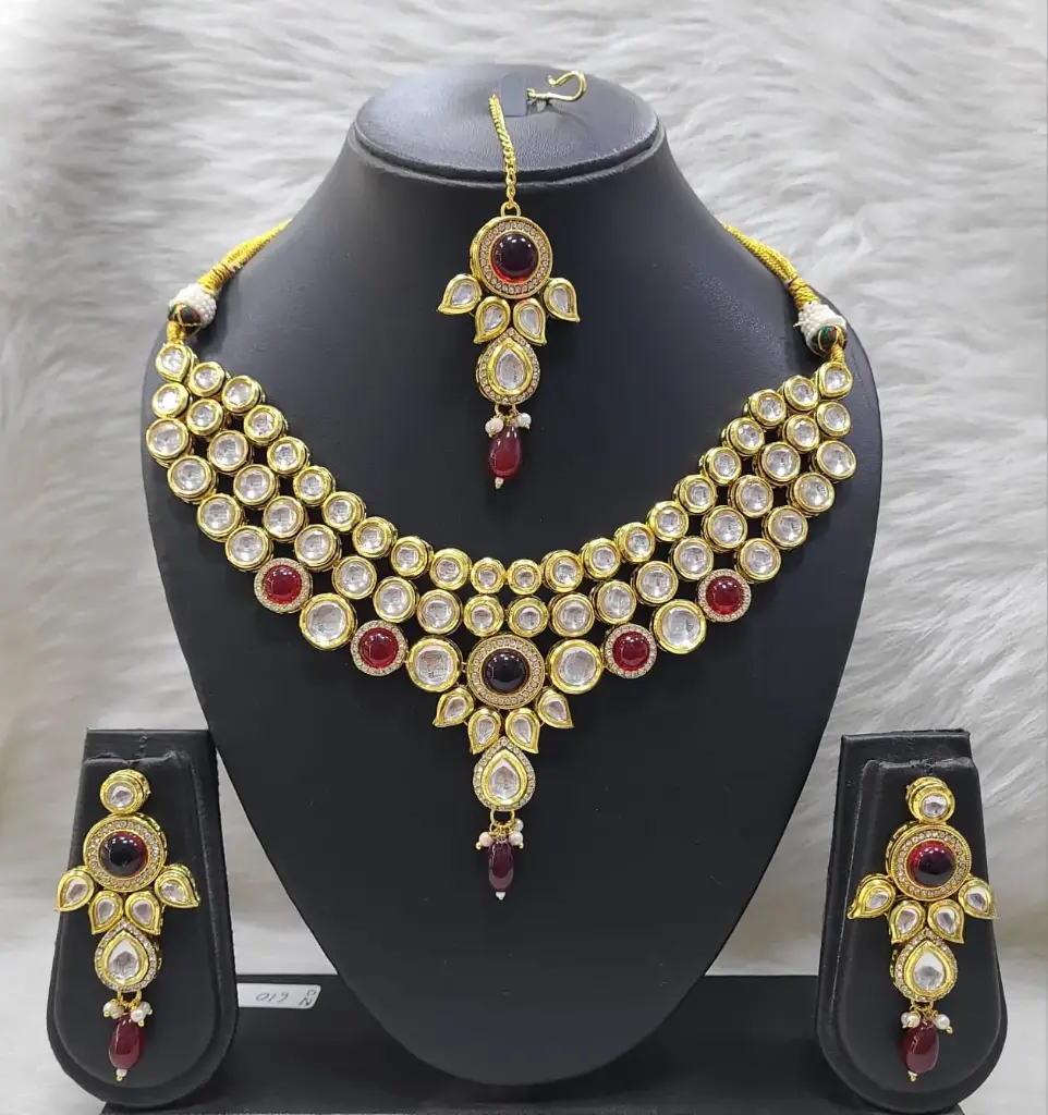 Royal Stylish K23 Maroon Dabbi Kundan With Back Meena Necklace Earring Jewellery Set