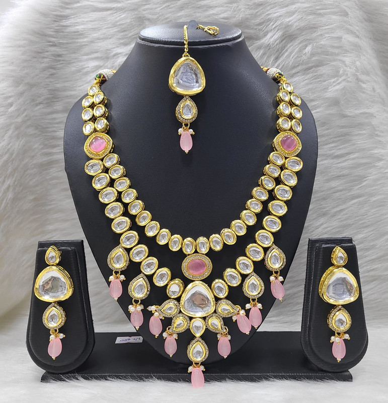 Glamorous Stylish K25 Baby Pink Dabbi Kundan With Back Meena Necklace Earring Jewellery Set