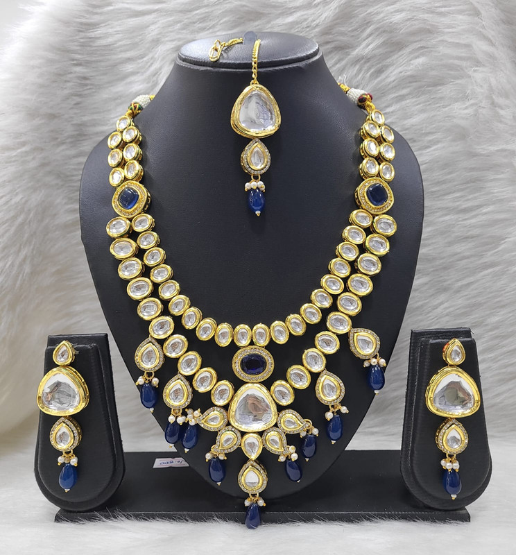 K25 BLUE Dabbi Kundan With Back Meena Necklace Earring Jewellery set