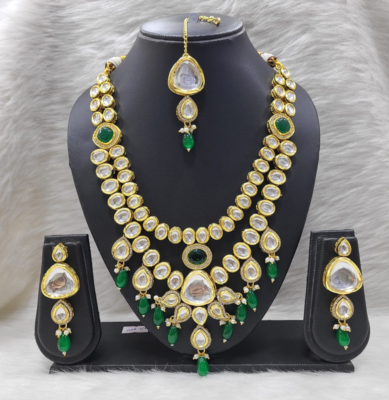 Trendy Stylish K25 Green Dabbi Kundan With Back Meena Necklace Earring Jewellery Set