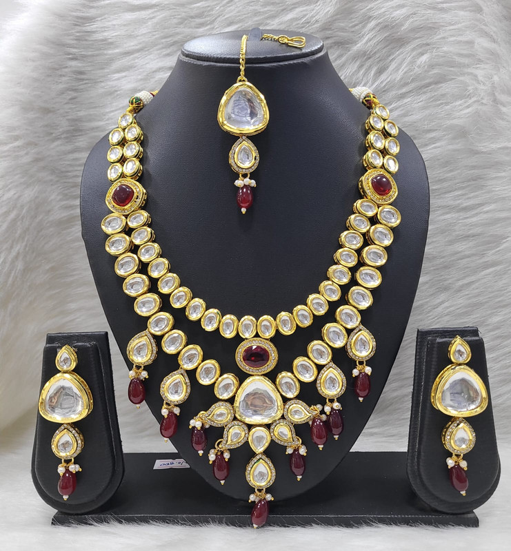 [K25 MAROON] K25 MAROON Dabbi Kundan With Back Meena Necklace Earring Jewellery set