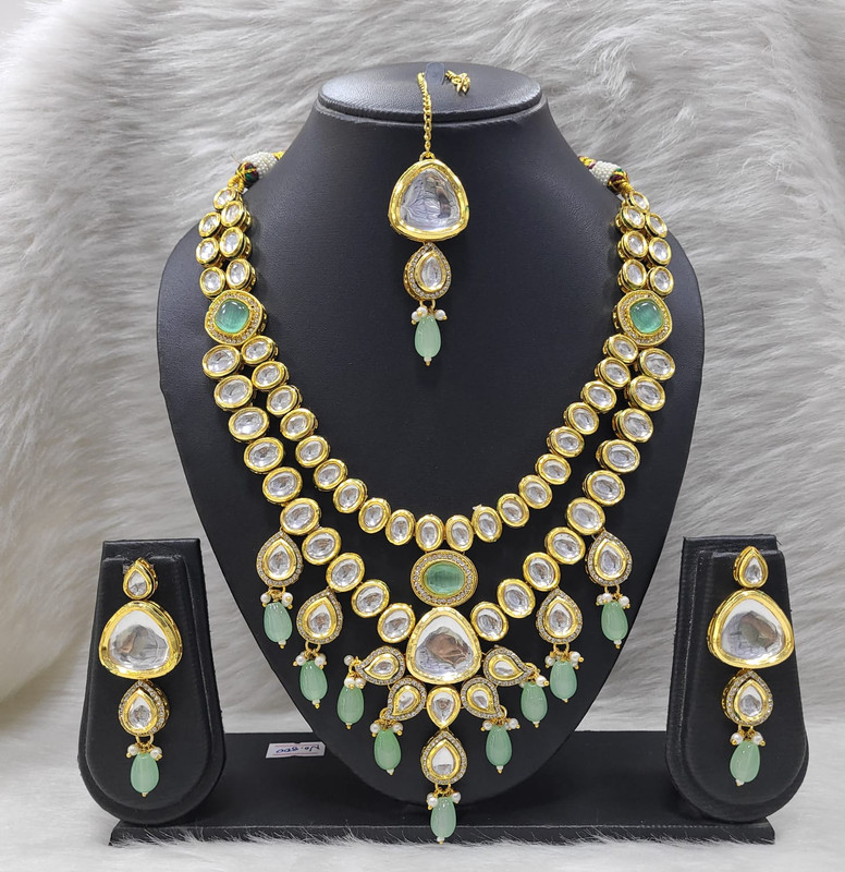 Exquisite Stylish K25 Mint Green Dabbi Kundan With Back Meena Necklace Earring Jewellery Set