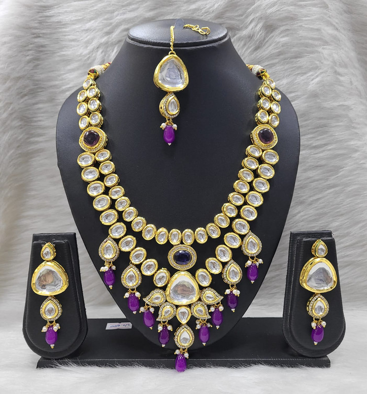 Gorgeous Stylish K25 Purple Dabbi Kundan With Back Meena Necklace Earring Jewellery Set