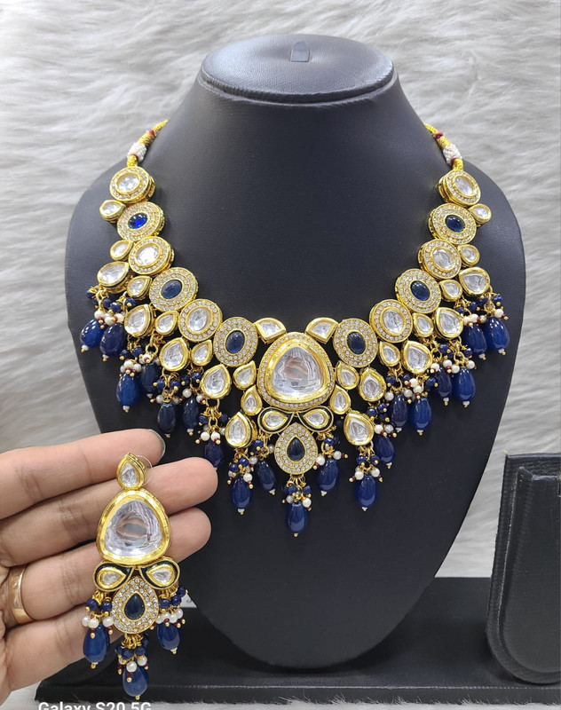Artisan Stylish K27 Blue Dabbi Kundan With Back Meena Necklace Earring Jewellery Set