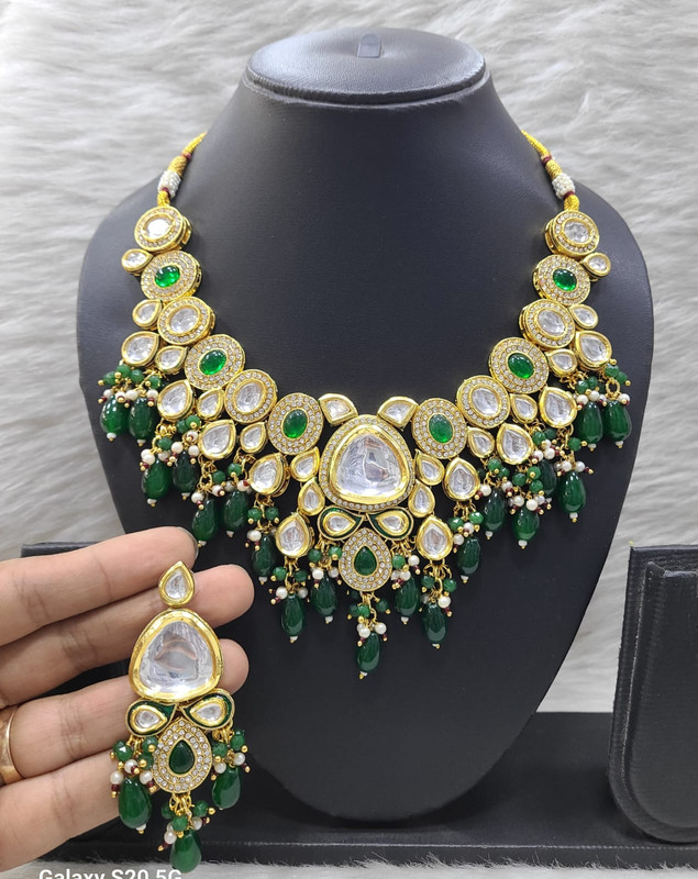 Divine Stylish K27 Green Dabbi Kundan With Back Meena Necklace Earring Jewellery Set