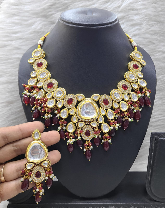 [K27 MAROON] K27 MAROON Dabbi Kundan With Back Meena Necklace Earring Jewellery set