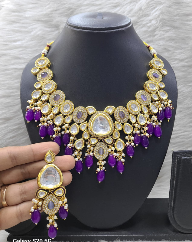 Majestic Stylish K27 Purple Dabbi Kundan With Back Meena Necklace Earring Jewellery Set