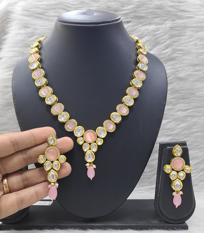 Opulent Stylish K28 Baby Pink Dabbi Kundan With Back Meena Necklace Earring Jewellery Set
