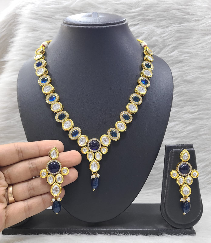 K28 BLUE Dabbi Kundan With Back Meena Necklace Earring Jewellery set