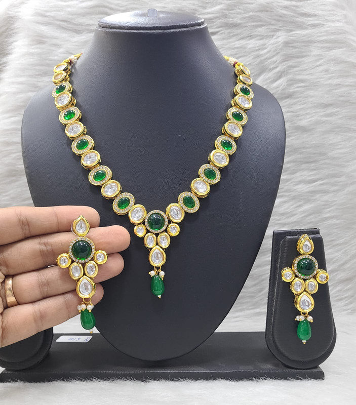 Dazzling Stylish K28 Green Dabbi Kundan With Back Meena Necklace Earring Jewellery Set