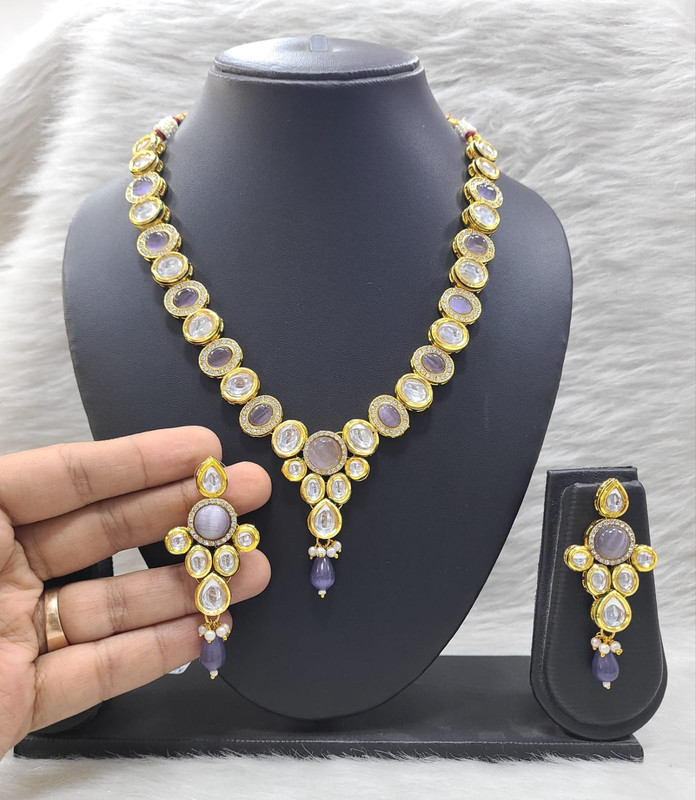 Radiant Stylish K28 Light Purple Dabbi Kundan With Back Meena Necklace Earring Jewellery Set