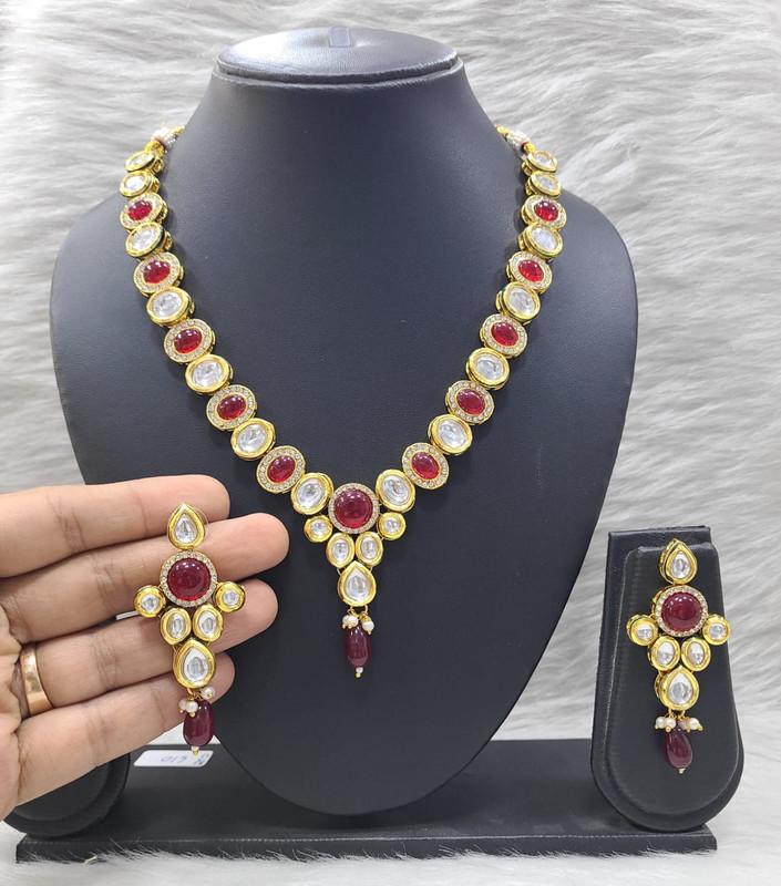 Graceful Stylish K28 Maroon Dabbi Kundan With Back Meena Necklace Earring Jewellery Set