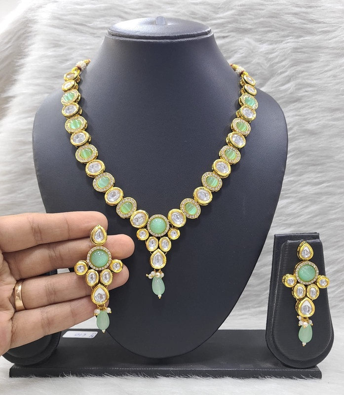 Alluring Stylish K28 Mint Green Dabbi Kundan With Back Meena Necklace Earring Jewellery Set