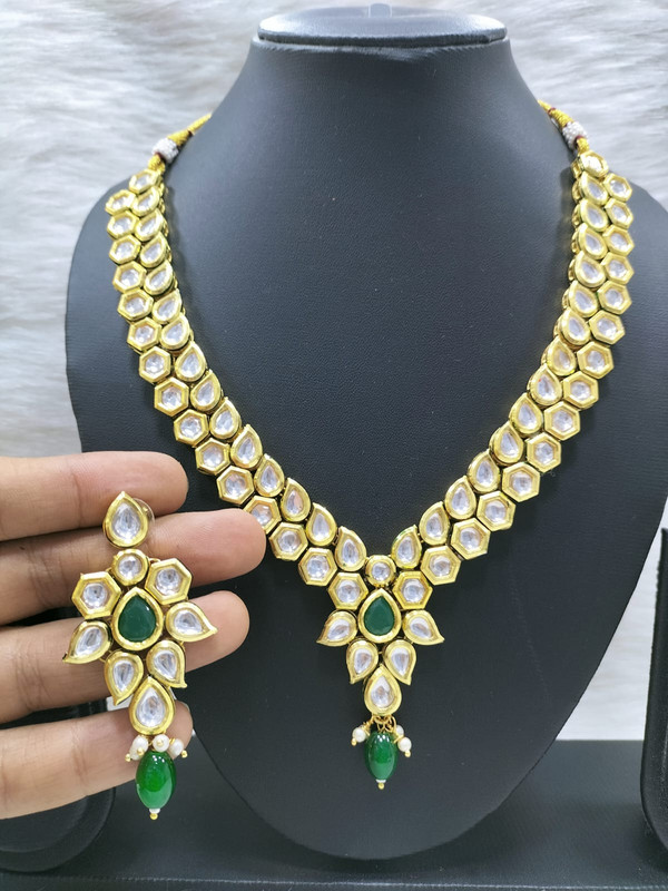 Enchanting Stylish K29 Green Dabbi Kundan With Back Meena Necklace Earring Jewellery Set