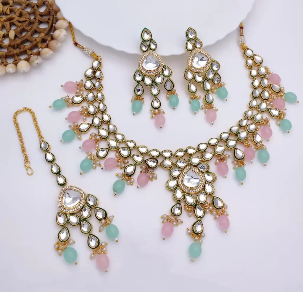 Elegant Wedding Baby Pink Mint Green Kundan Pendant Necklace & Earrings Jewellery Set For Women