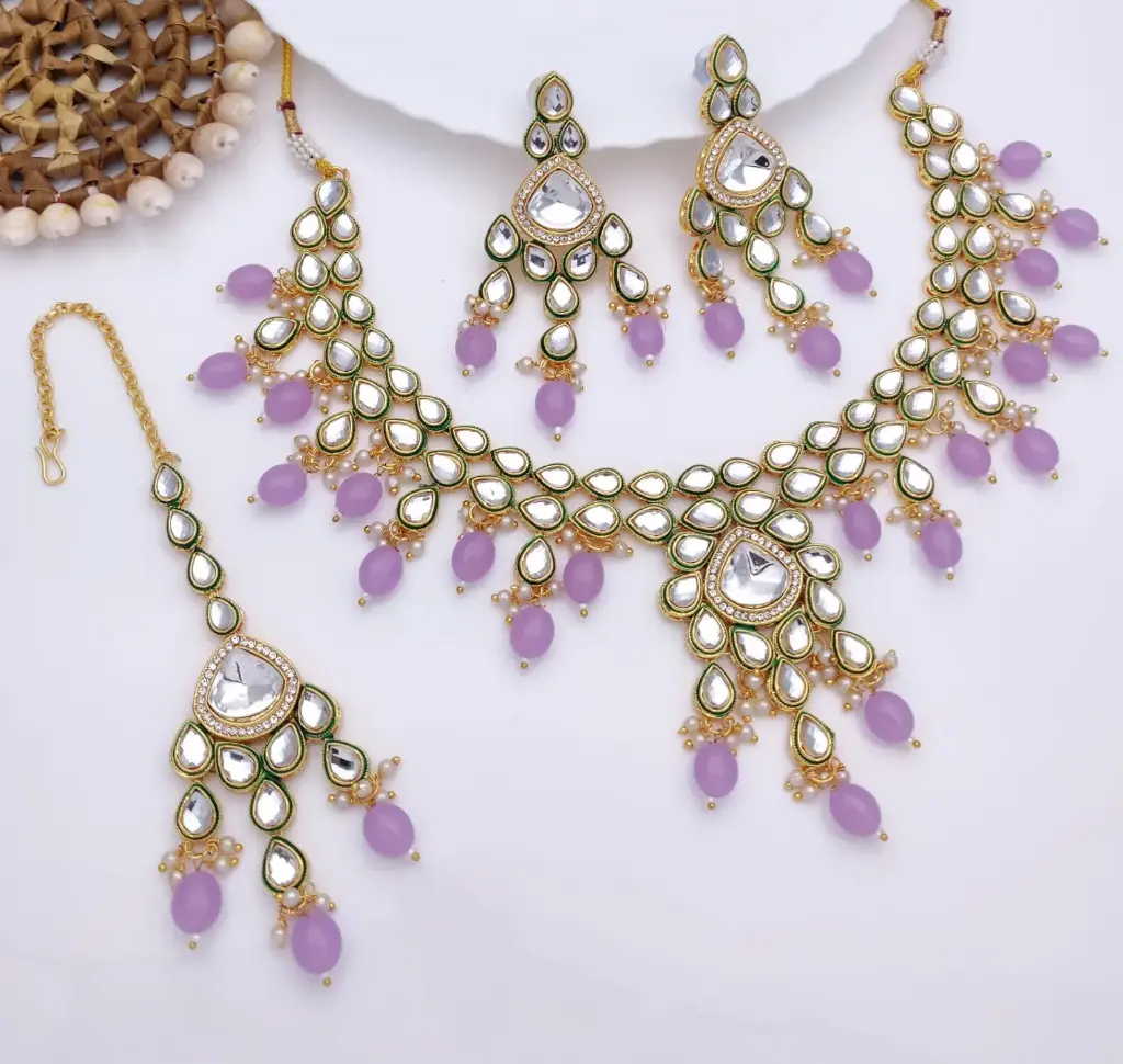 Desi Wedding Purple Kundan Pendant Necklace & Earrings Jewellery Set For Women