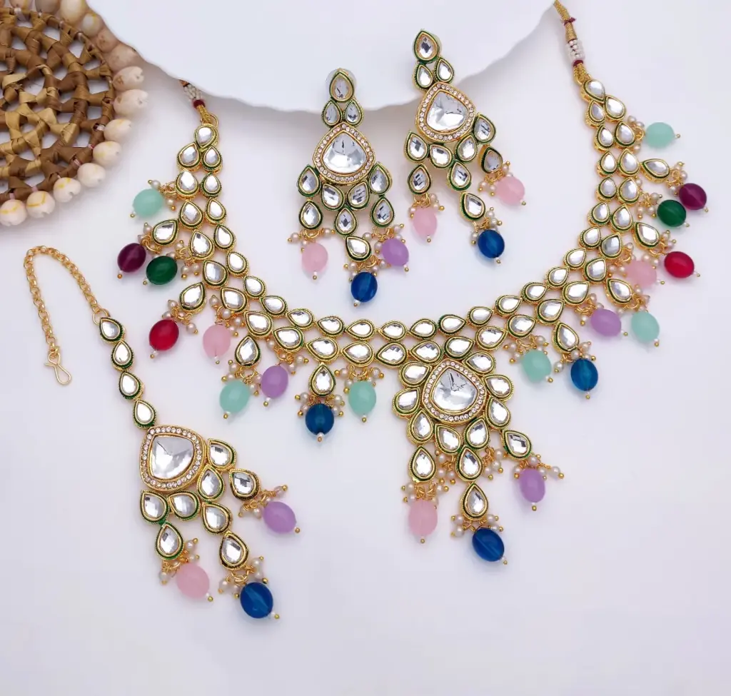 Magnifique Wedding Multi Kundan Pendant Necklace & Earrings Jewellery Set For Women