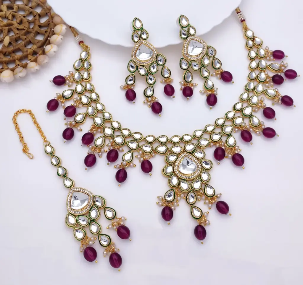 Traditional Wedding Dark Purple Kundan Pendant Necklace & Earrings Jewellery Set For Women
