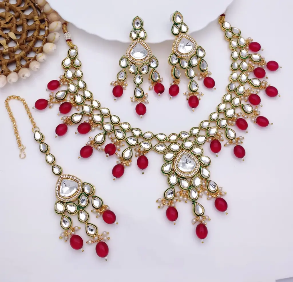 Classic Wedding Red Kundan Pendant Necklace & Earrings Jewellery Set For Women