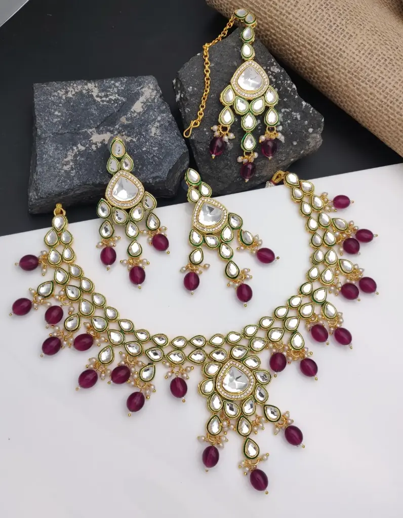 Royal Wedding Rani Kundan Pendant Necklace & Earrings Jewellery Set For Women