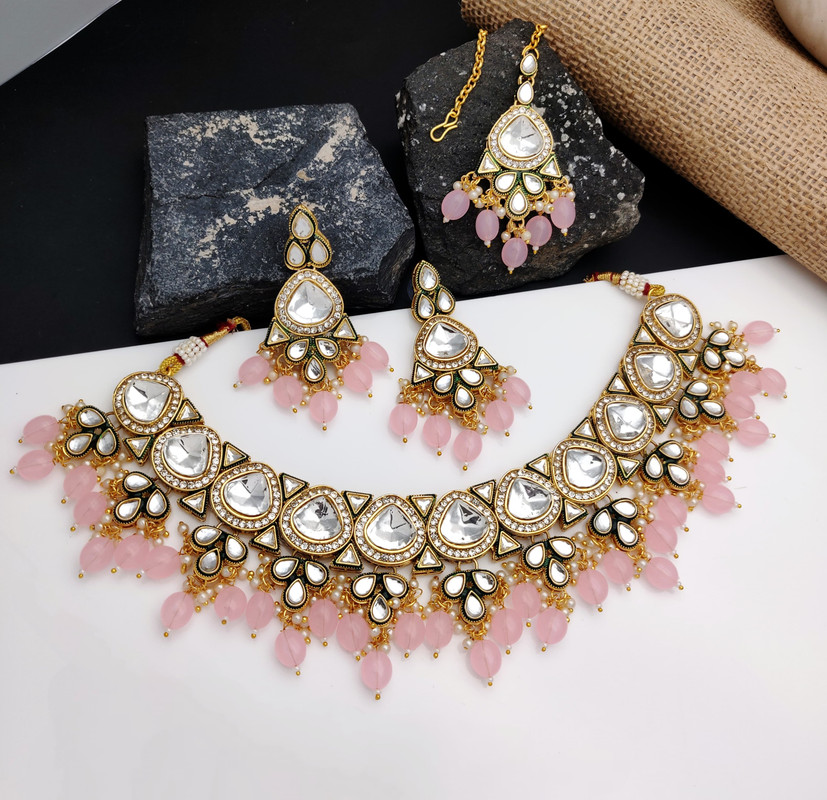 Vintage Wedding Baby Pink Kundan Pendant Necklace & Earrings Jewellery Set For Women