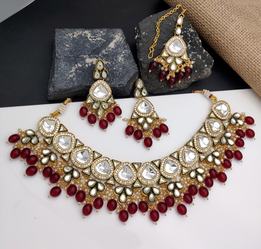 Shandaar Wedding Maroon Kundan Pendant Necklace & Earrings Jewellery Set For Women