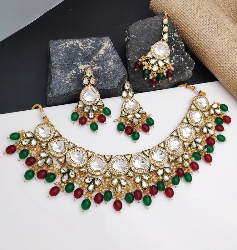 Exquisite Wedding Maroon Green Kundan Pendant Necklace & Earrings Jewellery Set For Women