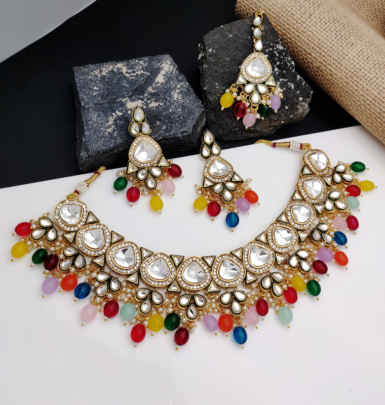Gorgeous Wedding Multi Kundan Pendant Necklace & Earrings Jewellery Set For Women