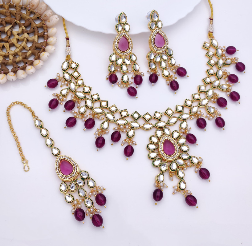 Authentic Wedding Purple Kundan Pendant Necklace & Earrings Jewellery Set For Women