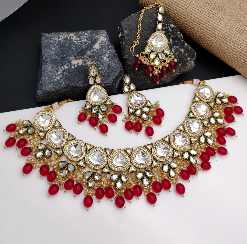 Beautiful Wedding Red Kundan Pendant Necklace & Earrings Jewellery Set For Women