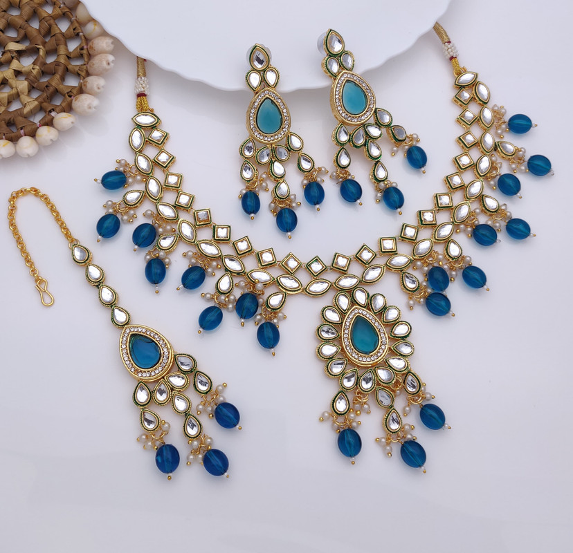 Stunning Wedding Blue Kundan Pendant Necklace & Earrings Jewellery Set For Women