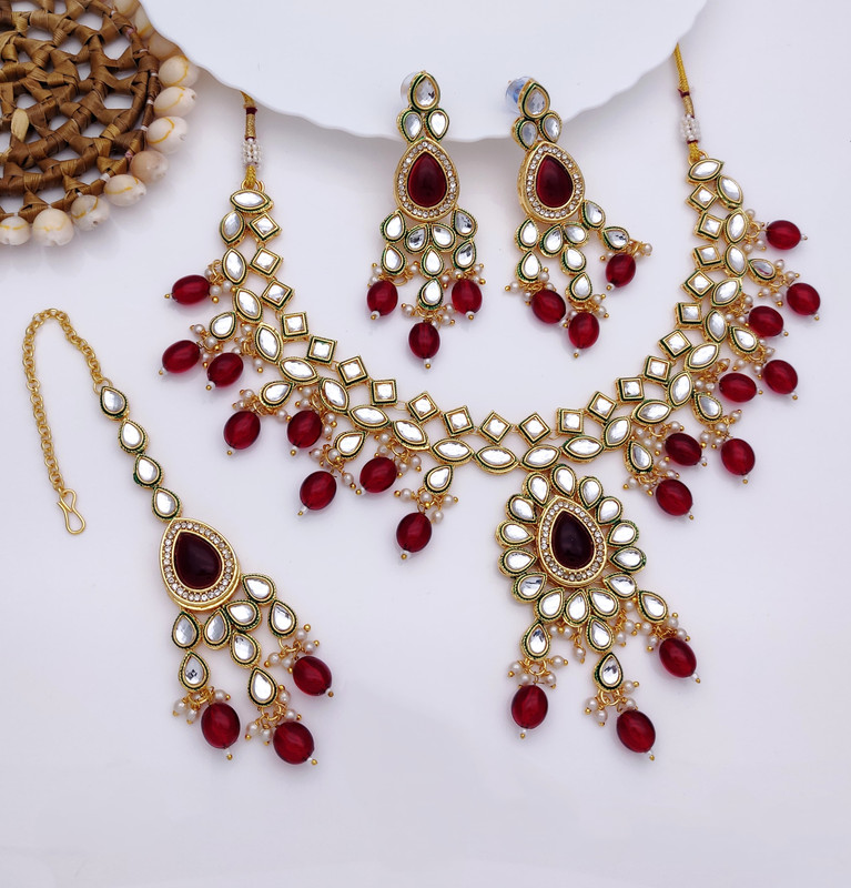 Premium Wedding Maroon Kundan Pendant Necklace & Earrings Jewellery Set For Women