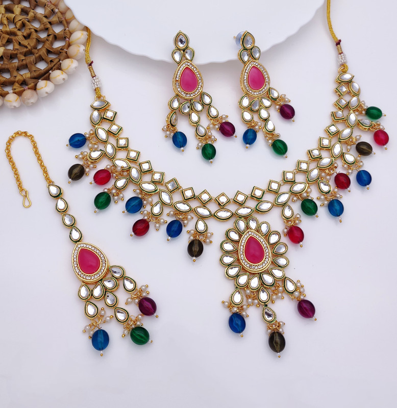 Luxury Wedding Multi Kundan Pendant Necklace & Earrings Jewellery Set For Women