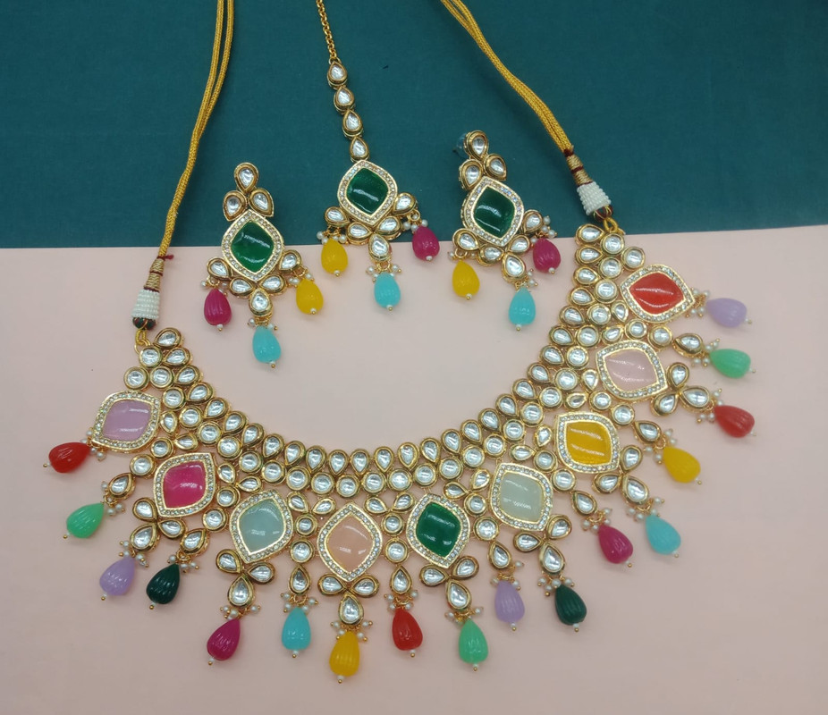 Grand Wedding Multi Kundan Pendant Necklace & Earrings Jewellery Set For Women