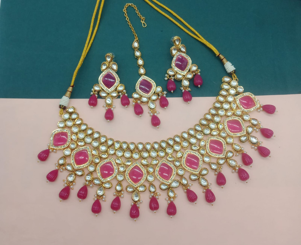 AIMS004 PINK Premium quality Kundan Pendant Necklace & Earrings Jewellery set for Women