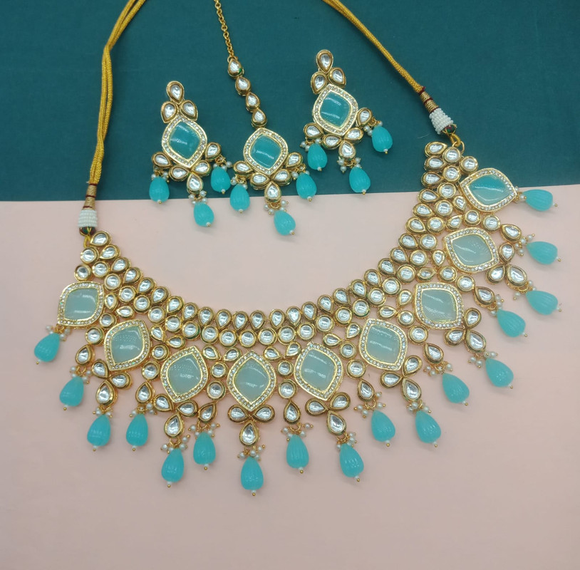 Radiant Wedding Sky Blue Kundan Pendant Necklace & Earrings Jewellery Set For Women
