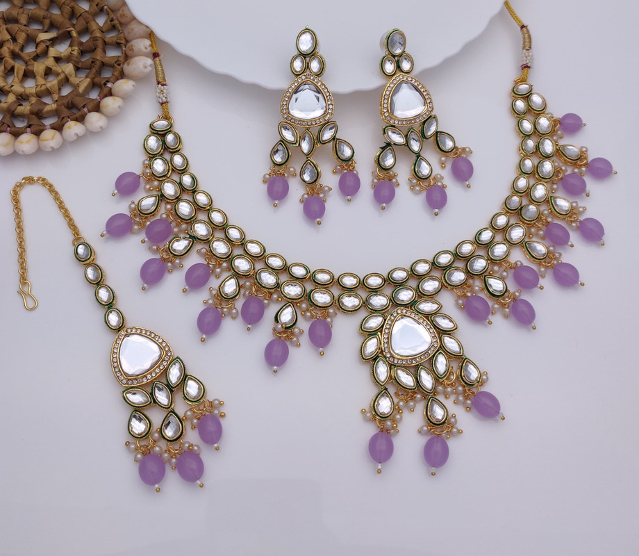 Splendid Wedding Light Purple Kundan Pendant Necklace & Earrings Jewellery Set For Women