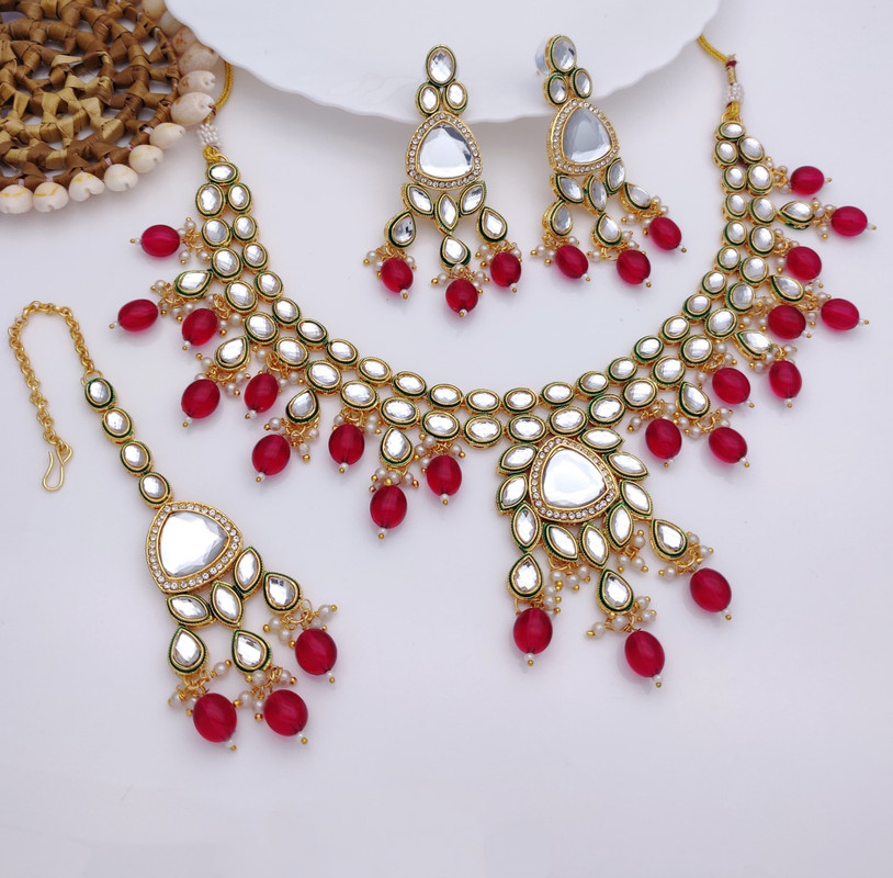 Mesmerizing Wedding Pink Kundan Pendant Necklace & Earrings Jewellery Set For Women
