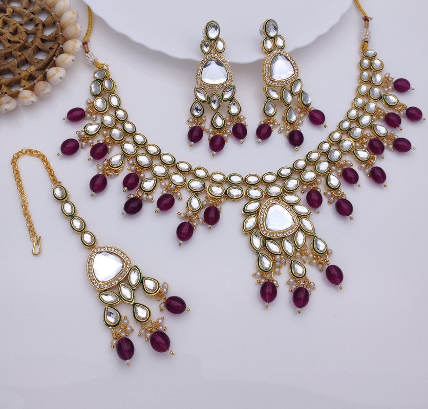 AIMS005 PURPLE Premium quality Kundan Pendant Necklace & Earrings Jewellery set for Women