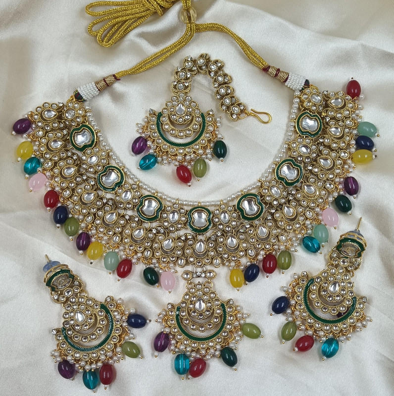 Ornate Wedding Multi Kundan Pendant Necklace & Earrings Jewellery Set For Women