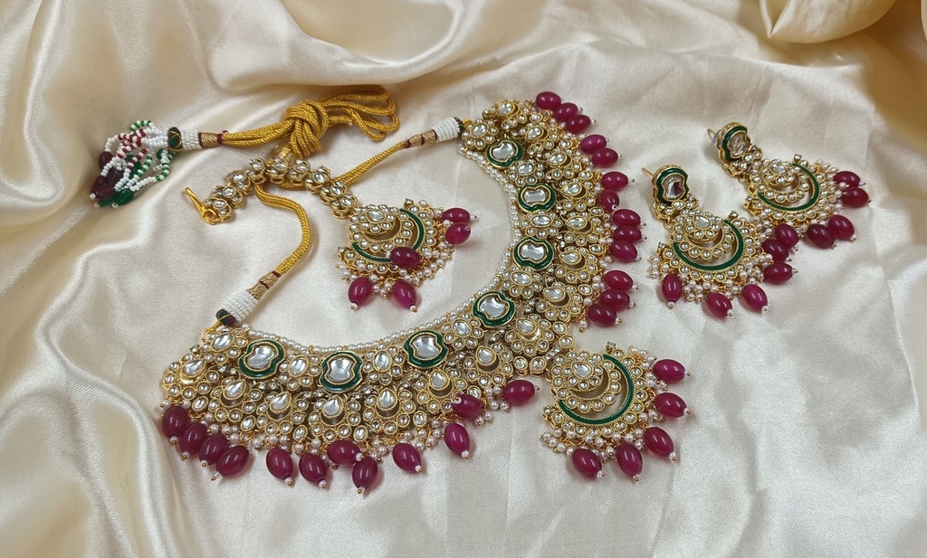 Lustrous Wedding Rani Kundan Pendant Necklace & Earrings Jewellery Set For Women