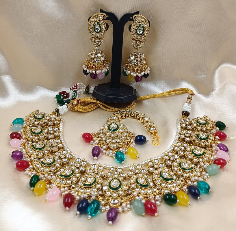 Traditional Festive Multi Kundan Pendant Necklace & Earrings Jewellery Set For Women
