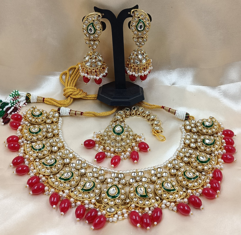 Chic Festive Pink Kundan Pendant Necklace & Earrings Jewellery Set For Women