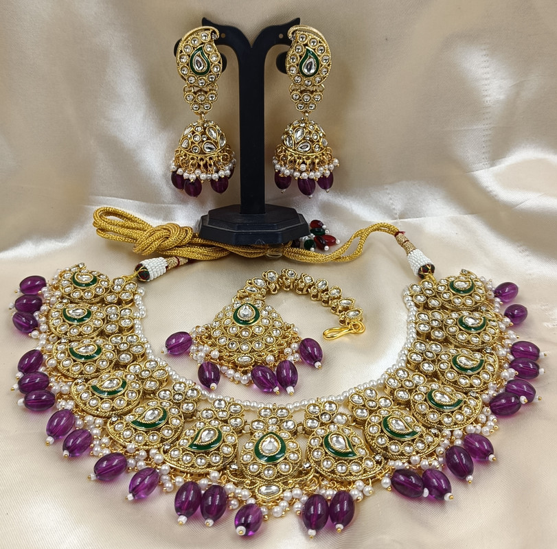AIMS007 PURPLE Premium quality Kundan Pendant Necklace & Earrings Jewellery set for Women