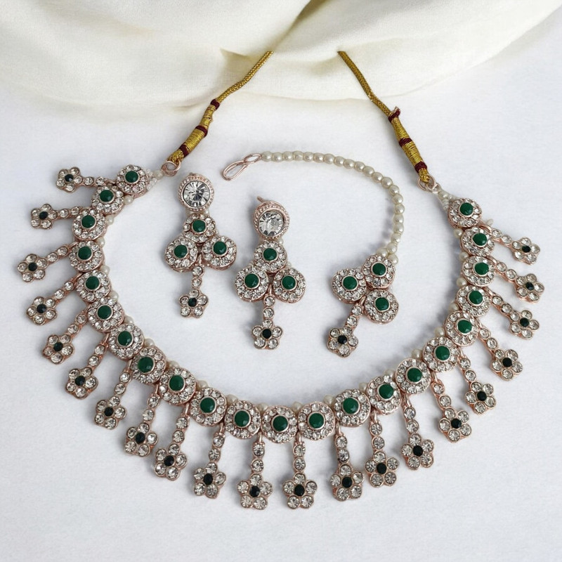 SUNS0003 GREEN Kundan Choker Necklace Earring Jewellery set for Marriage