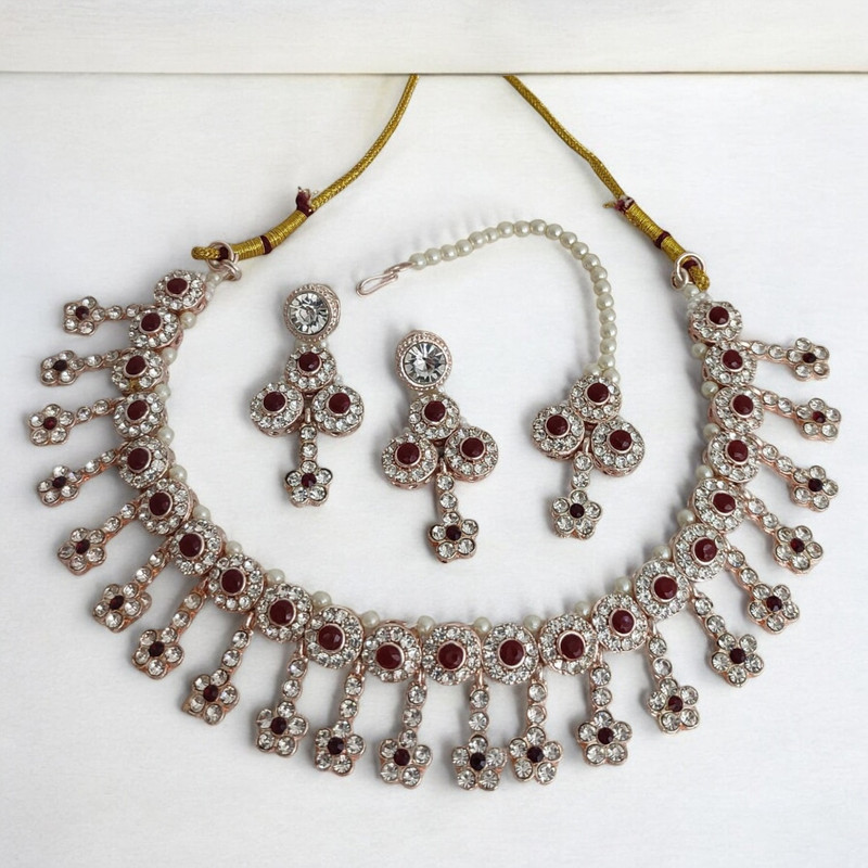 Divine Glam Suns0003 Maroon Kundan Choker Necklace Earring Jewellery Set For Marriage