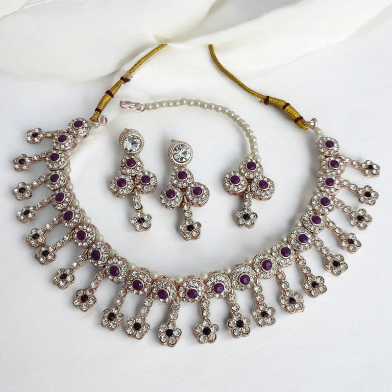 SUNS0003 PURPLE Kundan Choker Necklace Earring Jewellery set for Marriage
