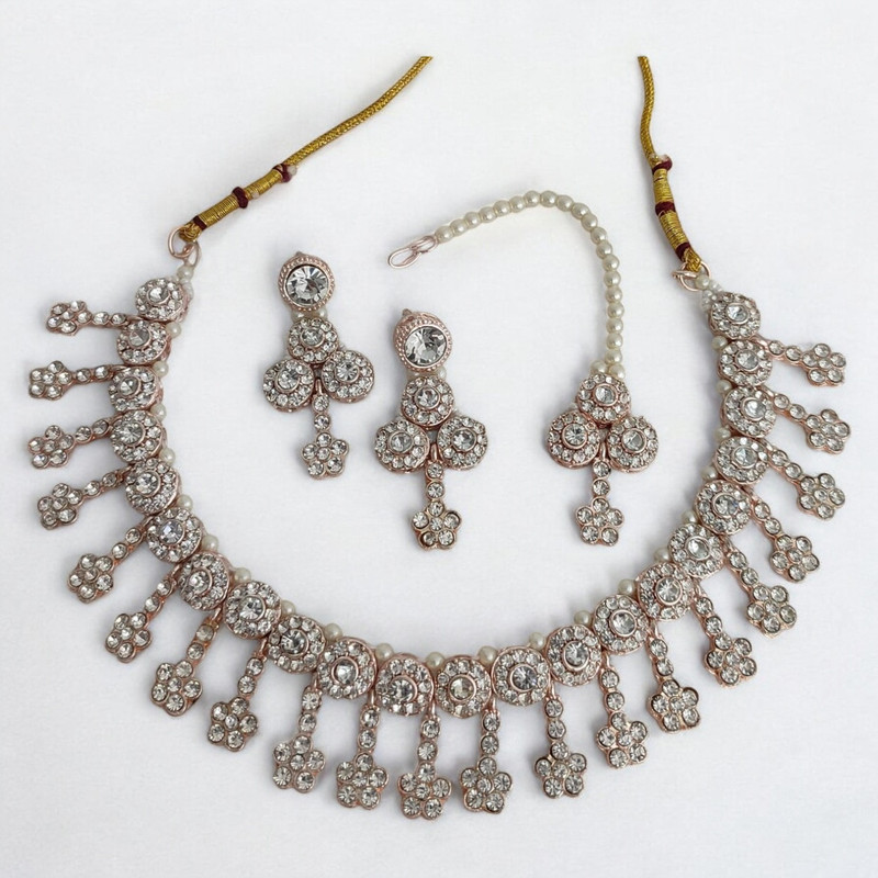 Majestic Glam Suns0003 White Kundan Choker Necklace Earring Jewellery Set For Marriage